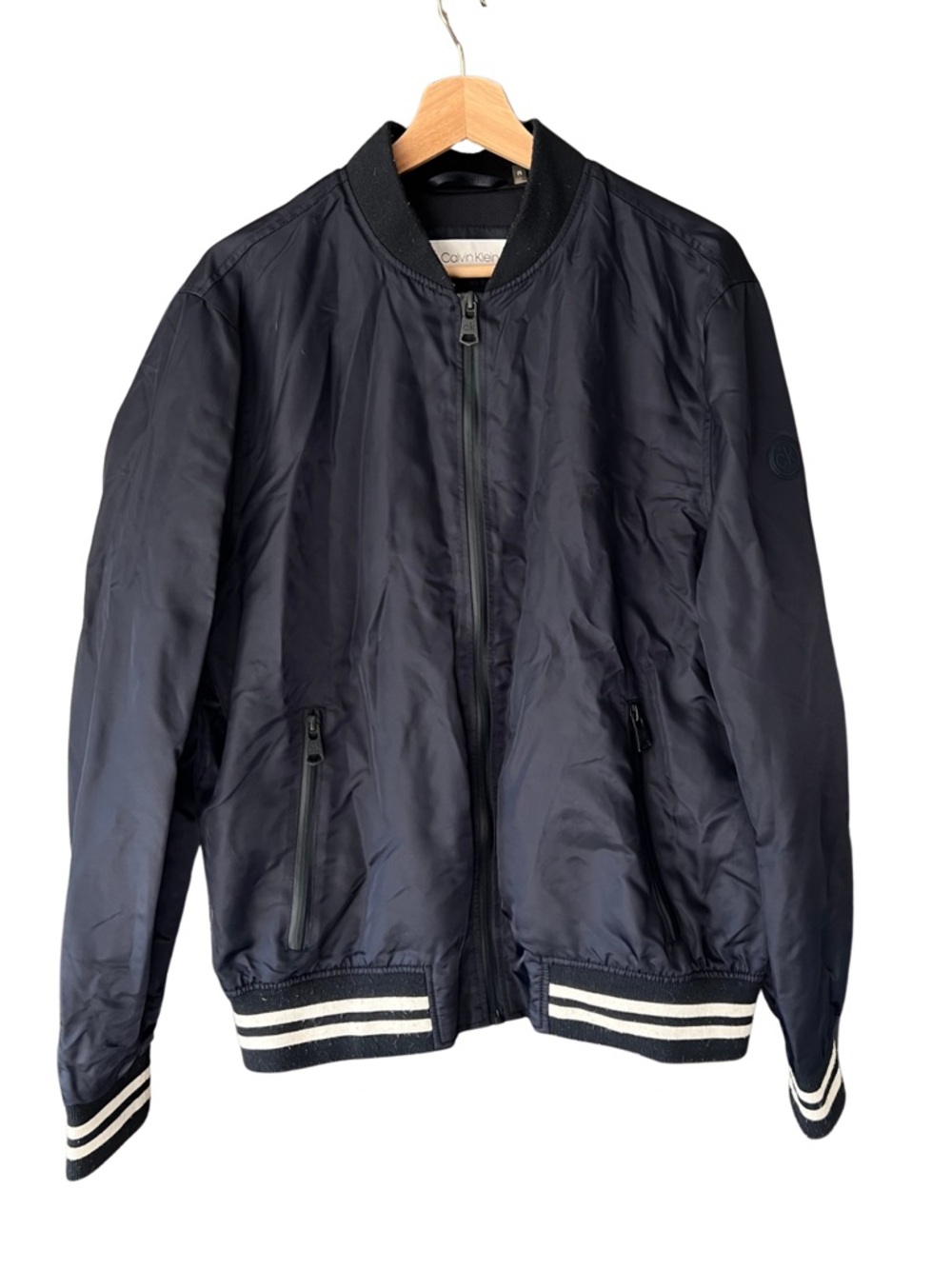 Calvin Klein Dark Navy Bomber Jacket with Striped Ribbing